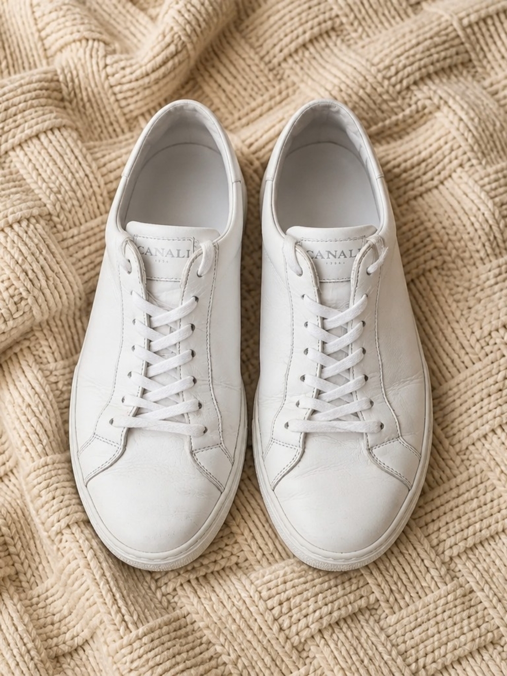 Canali Men’s White Leather Low Top Sneakers Italy Luxury Casual Shoes Size 10